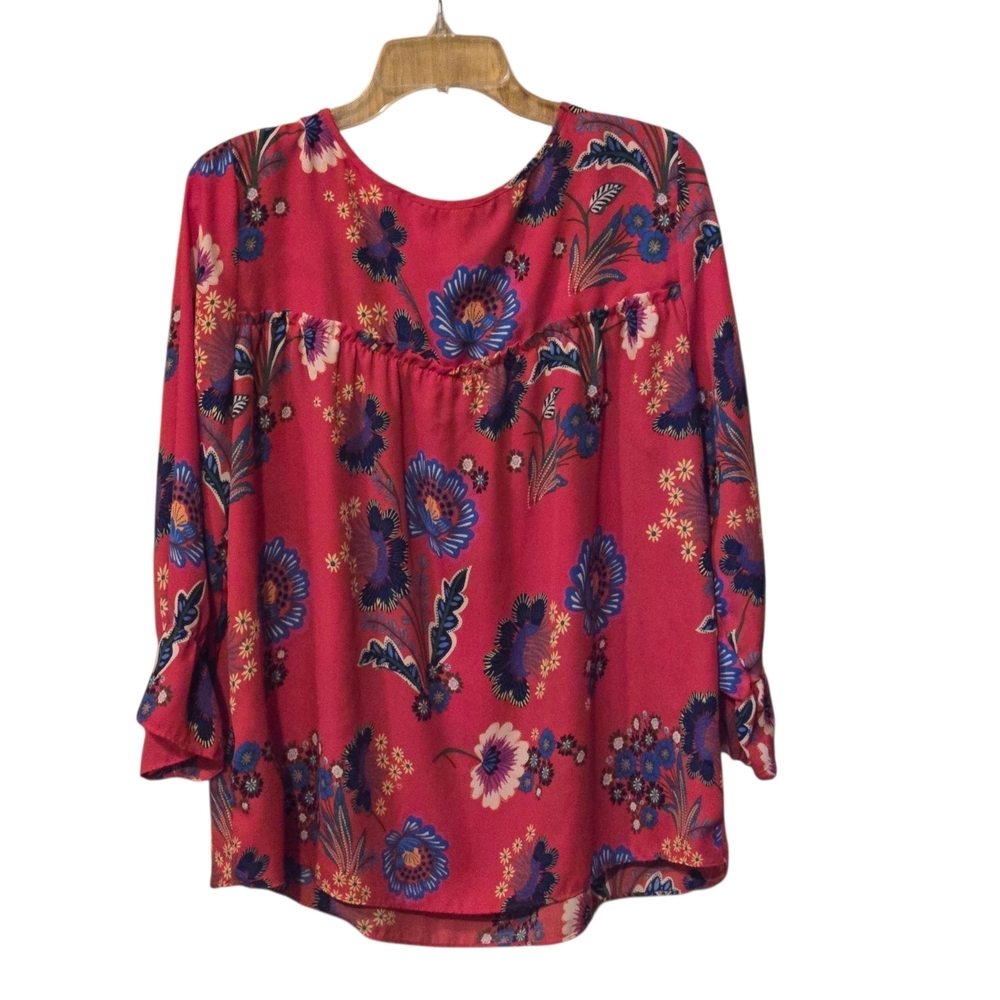 Zac & Rachel Womens L Red Floral Peasant Blouse Tie Neck Boho Flowy Tunic Top - Picture 2 of 13